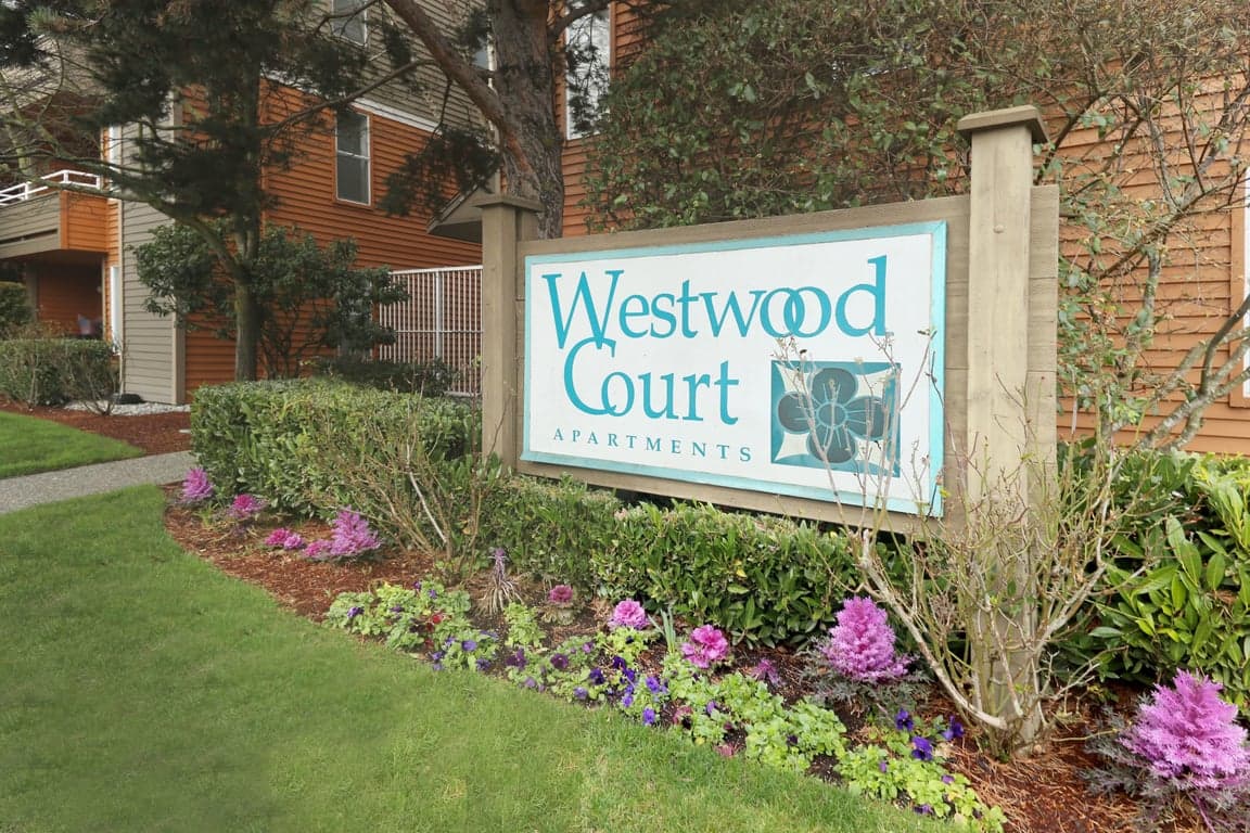 Westwood Court Seattle, WA rental, bright living room with large window, hardwood floors, and modern kitchen.