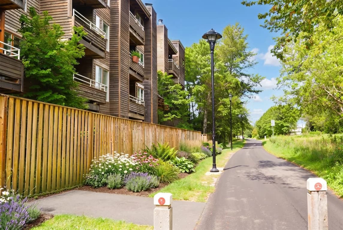 Exterior of Westwood Court apartments with wood siding, balconies, garden, and paved path lined w...